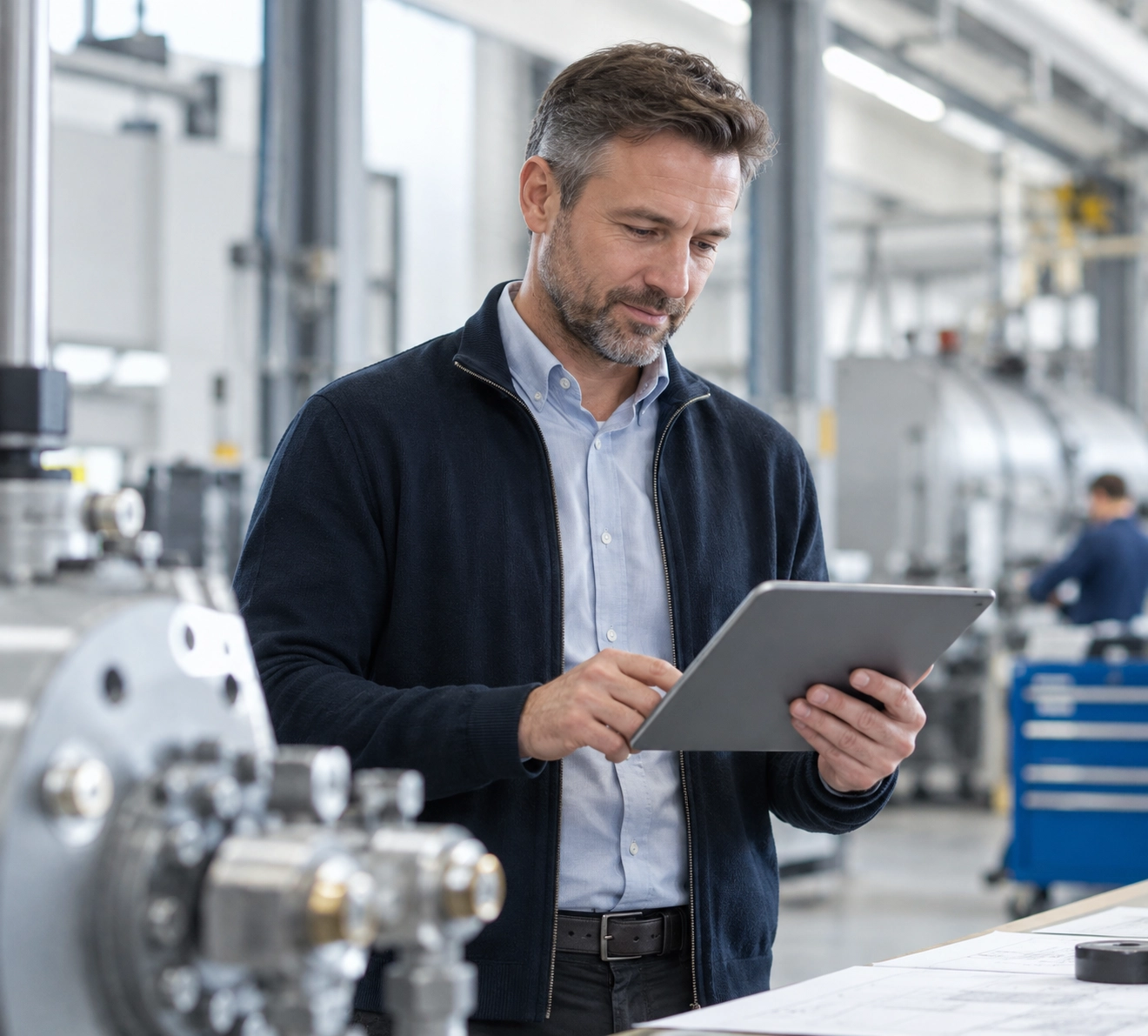 Mann mit Tablet in einer Produktionshalle