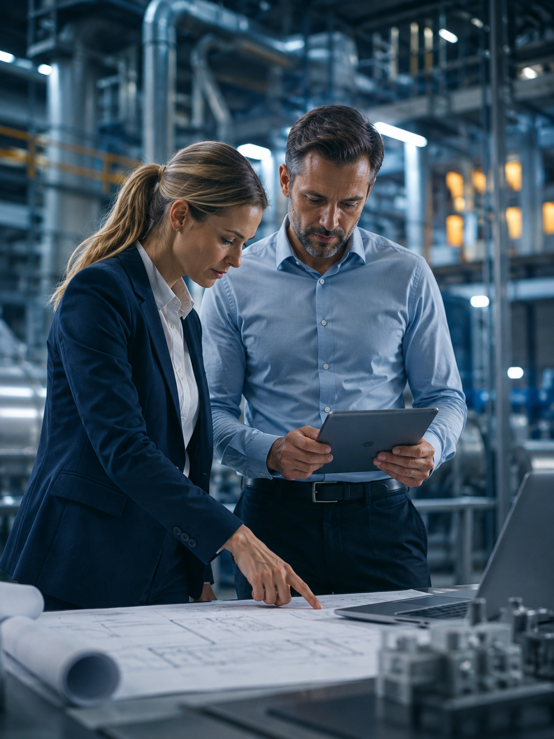 Zwei Fachleute prüfen technische Pläne in einer Industrieanlage